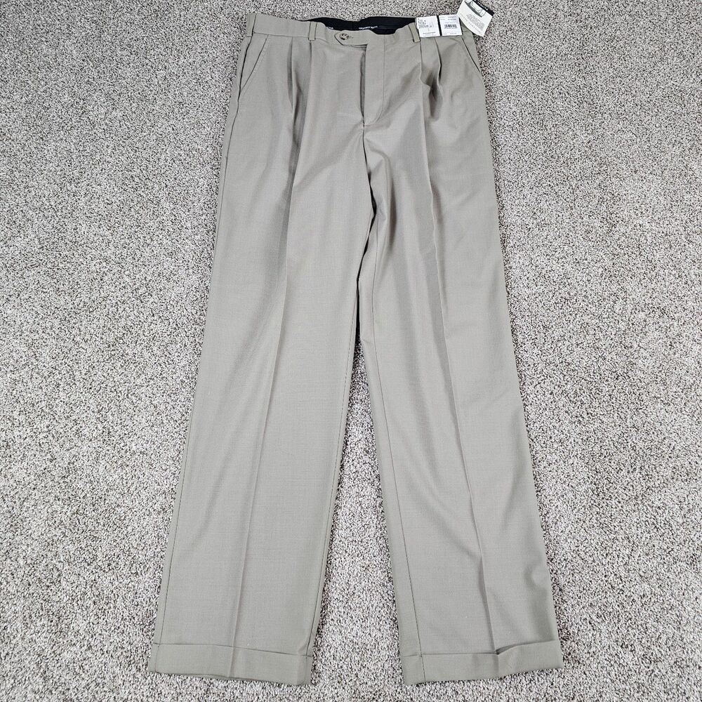 Geoffrey Beene Pants Mens 36x34 Khaki Wool Blend Cuffed Pleated Trouser Comfort